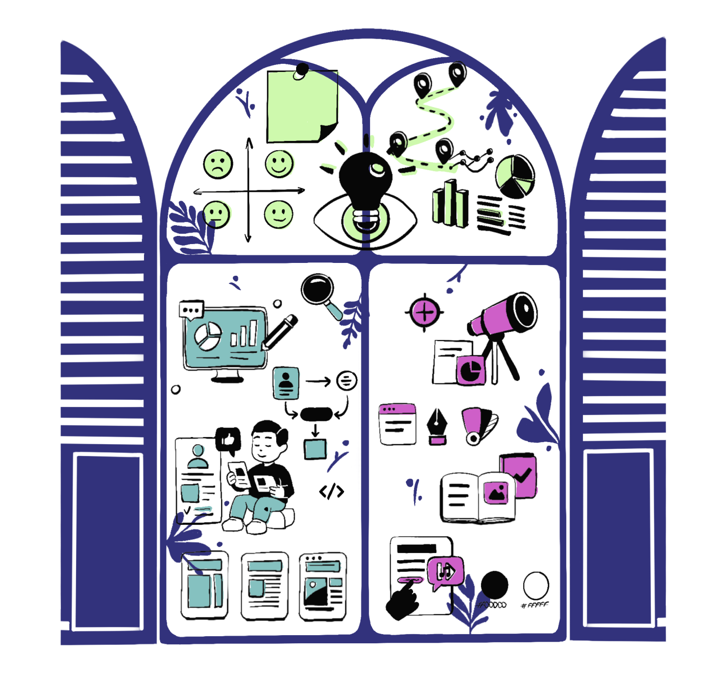 Illustration du travail de design — stratégie, UX, branding