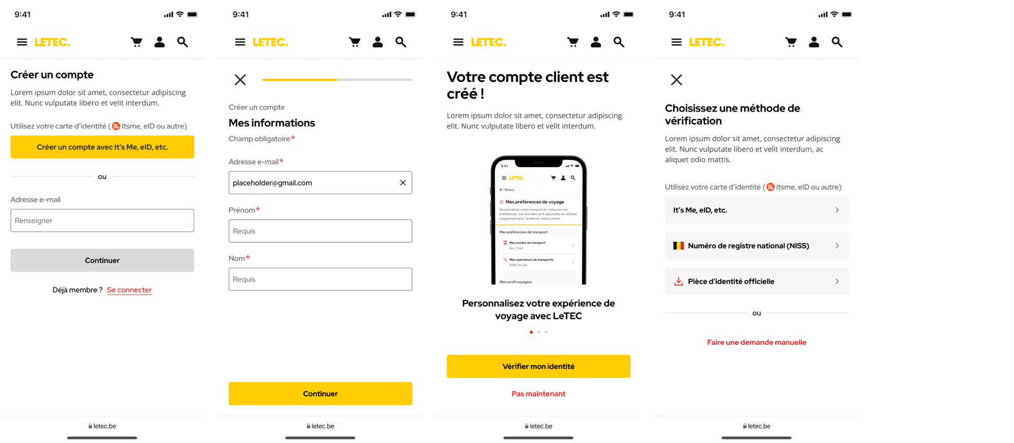 Écrans mobile LETEC — création de compte