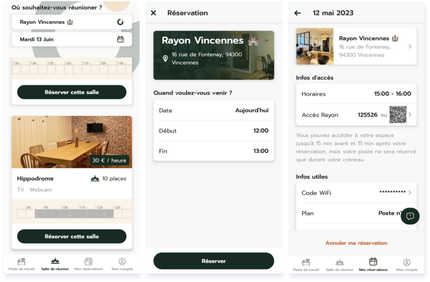 Rayon — écrans réservation